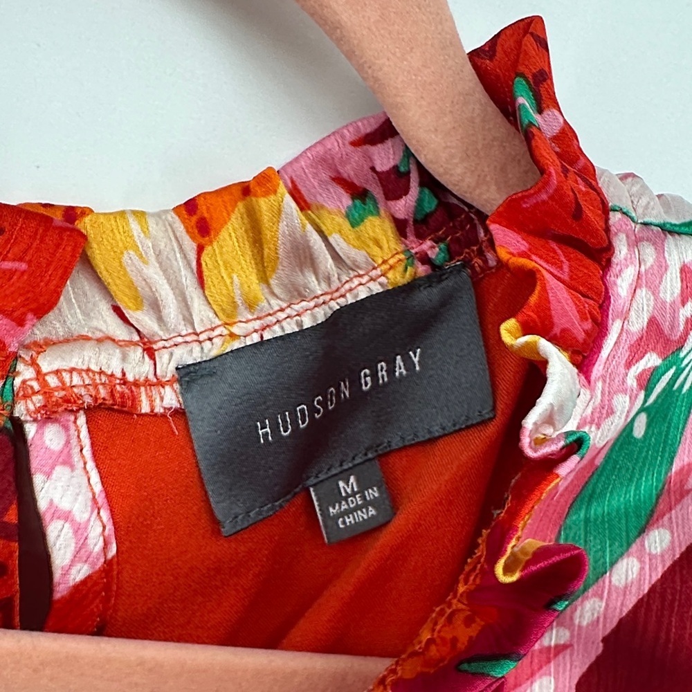 Hudson Gray Cottagecore Maximalism Boho Tropical Resort Floral Red/Pink Top SzM - Picture 2 of 13